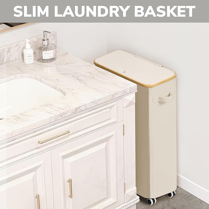 Goodpick Slim Laundry Basket with Wheels and Lid, 75L Narrow Laundry Hamper with Handles Removable Bag, Rolling Clothes Hamper for Dorm Bathroom Bedroom, 17" x 9.8" x 29.5", Beige