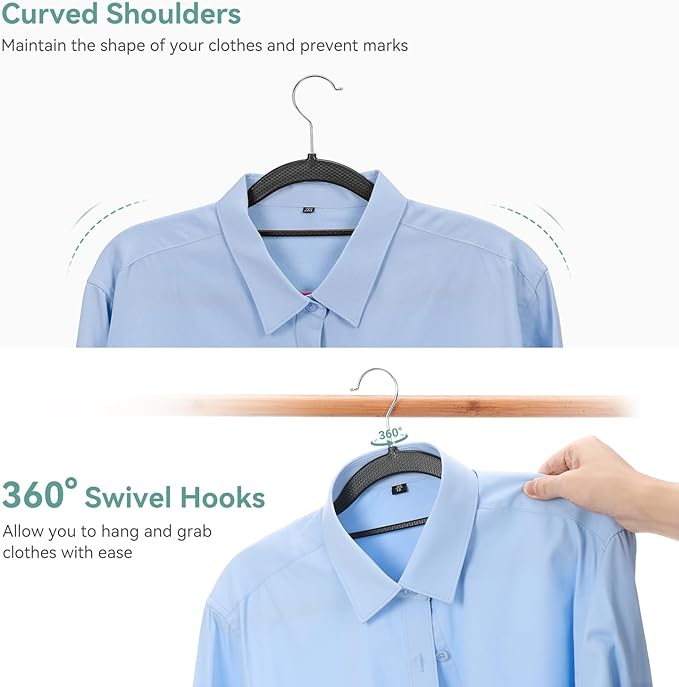 Tonswachic Pack of 30 Coat Hangers, Space-Saving Plastic Clothes Hangers, Non-Slip, 0.2 Inches Slim, 360° Swivel Silver Hook for Shirts, Pants, Suit & Wet/Dry Garments, Purple and Black