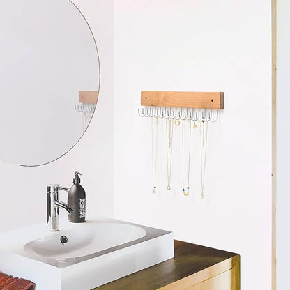 SCUNDA Wall Mounted Necklace Holder, Farmhouse Style Necklace Holder, Tangle Free Wall Jewelry Organizer with 28 Hooks(2 Packs,Natural)