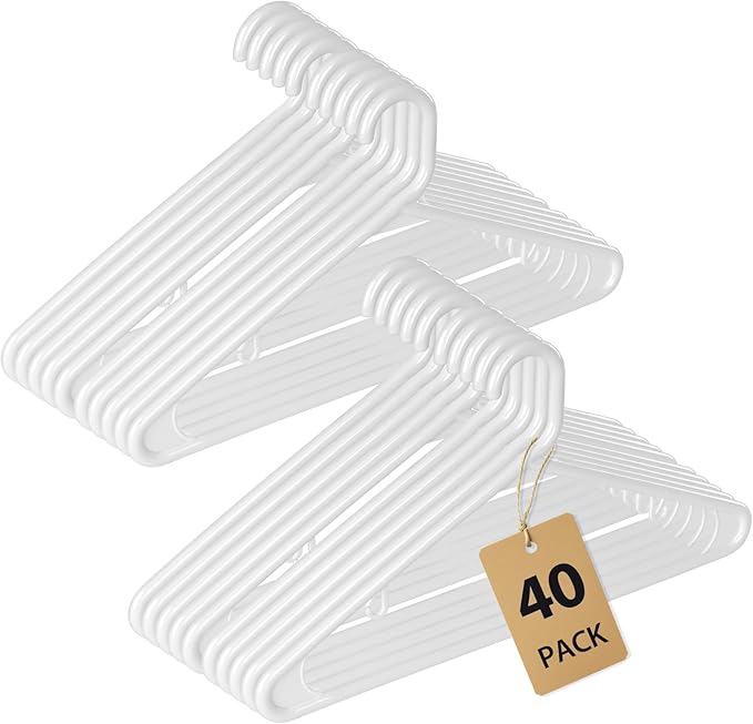 Heavy Duty Plastic Hangers – Super Thick & Reinforced with 20lb Capacity for Coats, Jackets, Pants – Durable Non-Slip Closet Hangers for Heavy Clothing (White, 40 Pack)