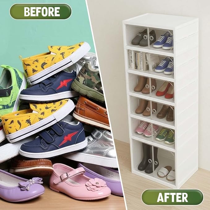 Foldable 6-Tier Shoe Rack Organizer, Large Clear Shoe Storage Cabinet with Magnetic Doors, Heavy Duty Slim Vertical Shoes Rack for Bedroom, Entryway or Garage - White (Holds 12 Pairs)