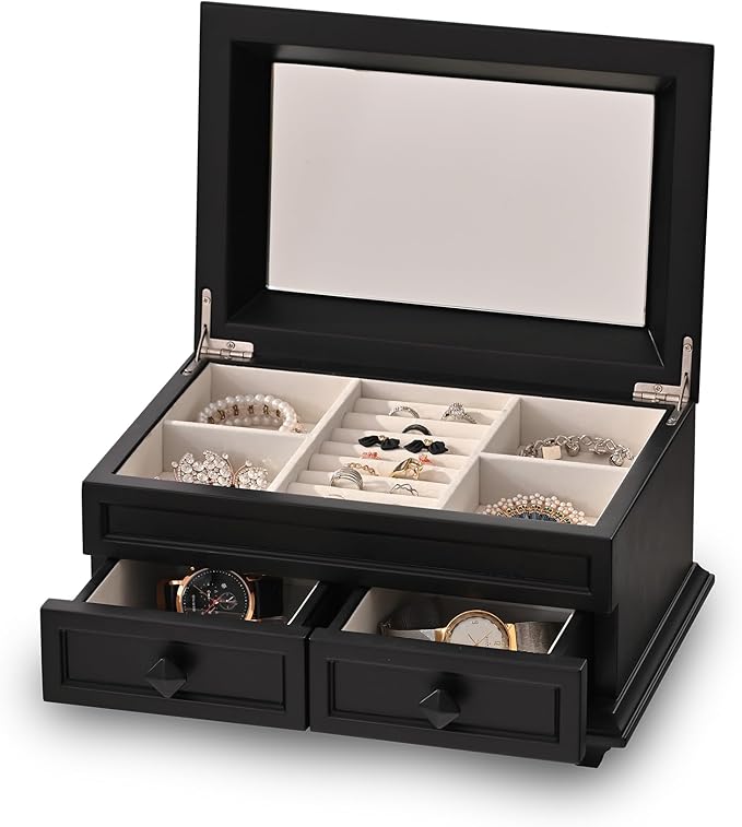Hanway 2 Layers Wooden Jewelry Box Organizer for Women, with 7 compartments, featuring interior mirror & tray for watch, necklaces, earrings, bracelets, and rings (Black)