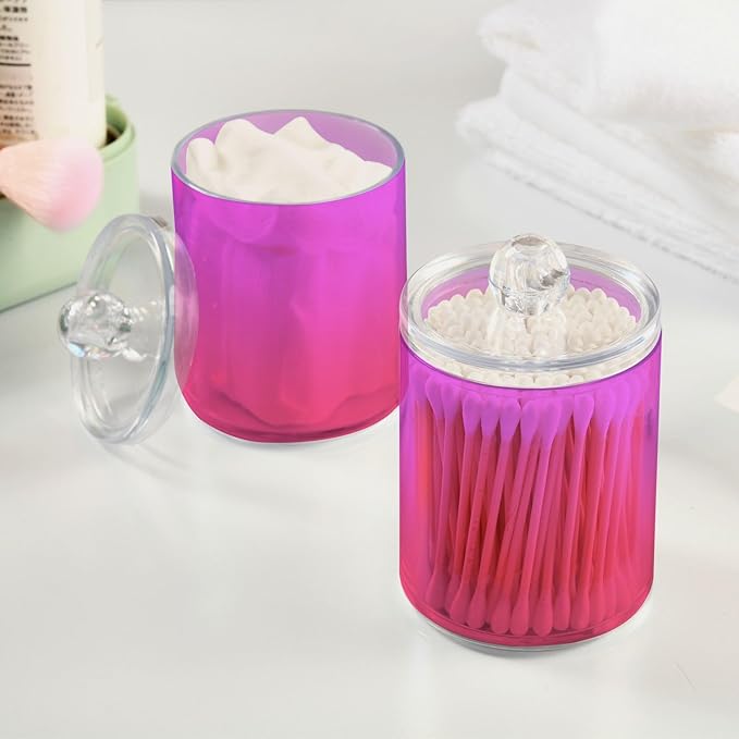 Magenta Purple Fuchsia Qtip Dispenser Apothecary Jars Bathroom Qtip Holder Storage Canister Plastic Jar 10 Oz for Cotton Ball Swab Round Pads Floss 2pcs