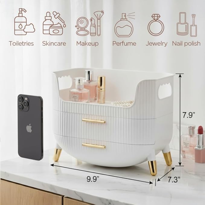 HALAFE Makeup Organizer with Drawers, Skincare Storage Box for Vanity, Multiple Compartments, Portable Cosmetic Display Case with Handle, Large Make up Organizers for Dresser, Bathroom, Bedroom, Pink