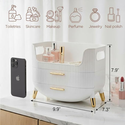 HALAFE Makeup Organizer with Drawers, Skincare Storage Box for Vanity, Multiple Compartments, Portable Cosmetic Display Case with Handle, Large Make up Organizers for Dresser, Bathroom, Bedroom, Pink