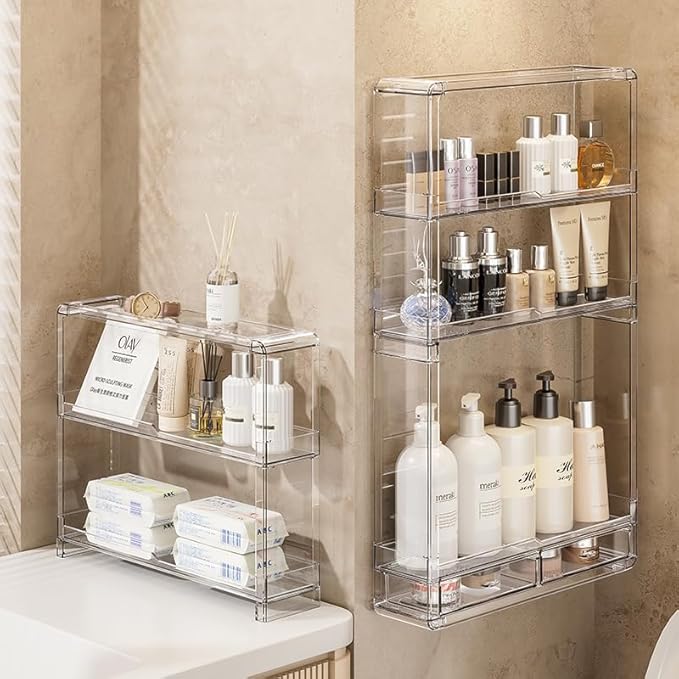 BOHOIDEE 3 Tiers Wall Acrylic Display Shelves with 2 Division Boards, Large Capactiy Acrylic Bathroom Organizer, Wall-Mounted Dustproof Makeup Organizer Storage for Bathroom, Kitchen, Room Decor