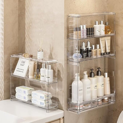 BOHOIDEE 3 Tiers Wall Acrylic Display Shelves with 2 Division Boards, Large Capactiy Acrylic Bathroom Organizer, Wall-Mounted Dustproof Makeup Organizer Storage for Bathroom, Kitchen, Room Decor