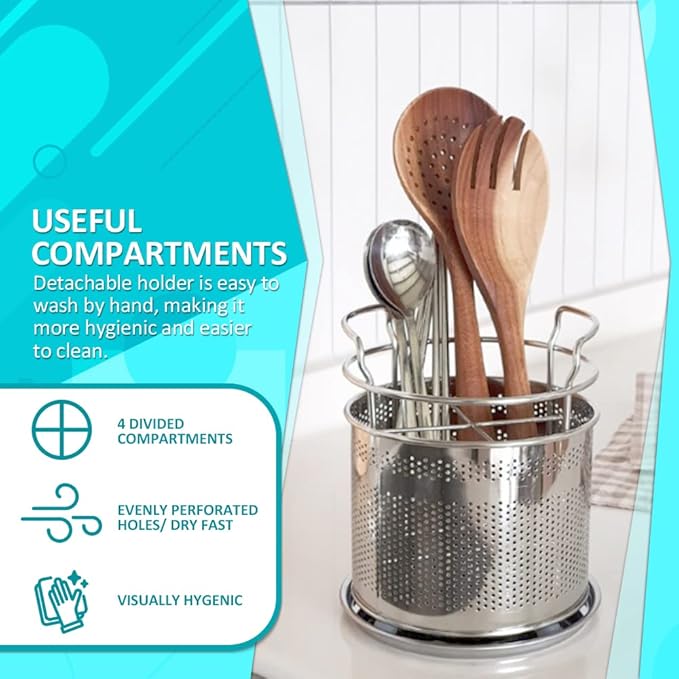 HOME&I Stainless Steel Silverware Drying Basket for Dish Rack, 4-Compartment Utensil Holder with Drain Board, Countertop Cutlery Caddy for Kitchen Sink & Dishwasher