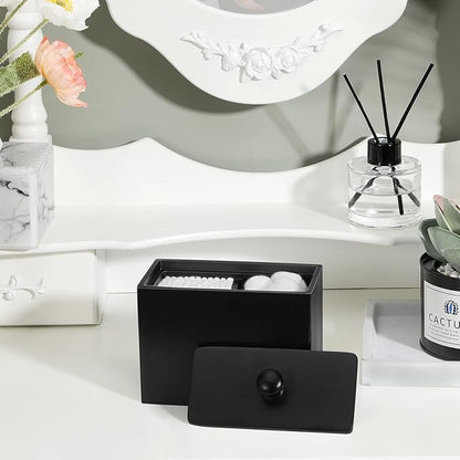 Luxspire Cotton Swab Holder, Qtip Holder Dispenser with Lid, 2 Compartments Cotton Ball Organizer, Bathroom Container, Q Tip Jar, Floss, Bathroom Accessories - Matte Black