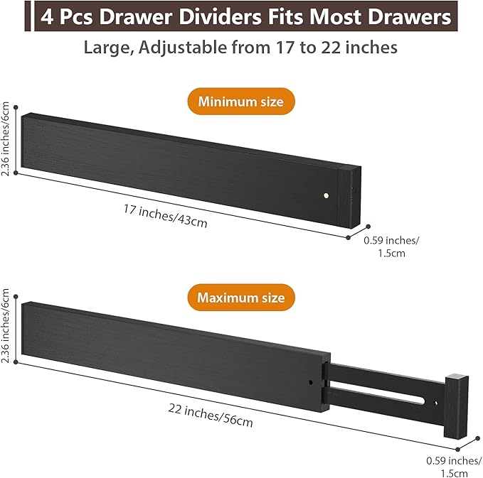 DUCOO 4 PCS Drawer Divider, 17"-22" Adjustable Bamboo Drawer Dividers Organizers, Expandable Separators for Kitchen, Clothes, Dressers, Home, Office, Black