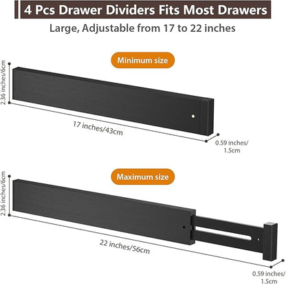 DUCOO 4 PCS Drawer Divider, 17"-22" Adjustable Bamboo Drawer Dividers Organizers, Expandable Separators for Kitchen, Clothes, Dressers, Home, Office, Black
