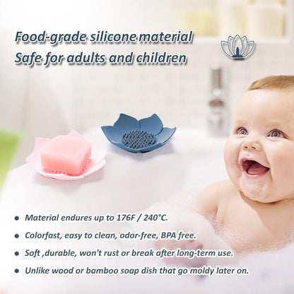 Silicone Soap Dishes with Draining. Bathroom Bar Soap Holder for Shower. Soap Tray for Kitchen Sink. Flower Shape Soap Saver for Counter, Bathtub. (4 Pack, White,Grey,Pink,Blue)