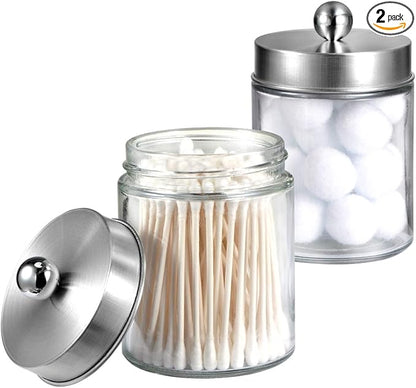 Amolliar Apothecary Jars Bathroom Vanity Organizer -Countertop Canister Jar with Storage Lid - Qtip Dispenser Holder Glass for Qtips,Cotton Swabs,Makeup Sponges,Hair Band - Brushed Nickel (2 Pack)
