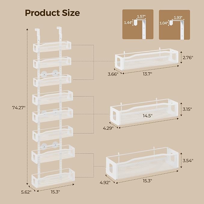 Delamu 8 Tier Over the Door Pantry Organizer, 2in1 Hanging or Wall Mount Spice Rack Seasoning, Adjustable Heavy-Duty Pantry Door Organizer and Storage for Kitchen Cabinet and Bathroom, 15.3" White