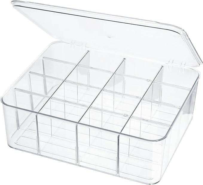 ZEXALOR Socks Underwear Drawer Organzier Dividers, 16 Compartment Removable Divided Plastic Storage Bin with Lid, Storage Organizer for Scarves Ties Bras, Clear Dresser Drawer Organizers