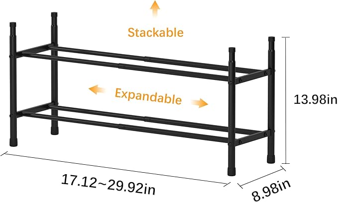 TZAMLI 2-Tier Expandable Metal Shoe Rack for Closet, Stackable Shoe Organizer Adjustable Metal Shoe Storage Small Shoe Shelf for Entryway Entrance, 17.2"-30" x 9" x 14" Inch Black
