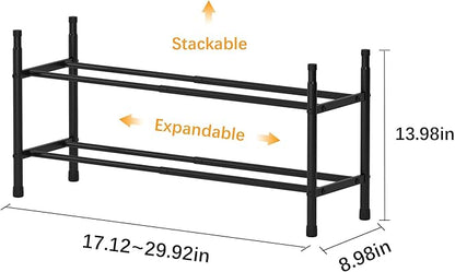 TZAMLI 2-Tier Expandable Metal Shoe Rack for Closet, Stackable Shoe Organizer Adjustable Metal Shoe Storage Small Shoe Shelf for Entryway Entrance, 17.2"-30" x 9" x 14" Inch Black