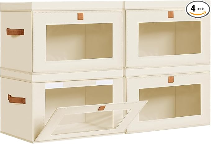 DIMJ Storage Bins with Lids - 4 Pack Fabric Closet Organizer with Window & Handles, Collapsible Decorative Storage Boxes for Shelves Under Bed, Books Clothes Blankets Sweaters Organization