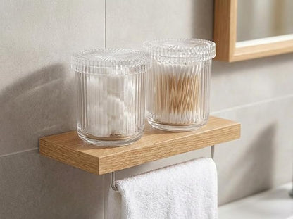 SheeChung Glass Qtip Holder Dispense, 4-Pack Apothecary Jars - Bathroom Accessories Organizer for Cotton Swabs, Balls, Pads Floss Picks -Bathroom Accessories Decor