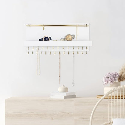 SANY DAYO HOME 27 Hooks Wall Mounted Necklace Holder 14 x 6 inch Hanging Rustic Wooden Jewelry Organizer with Removable Bracelet Rod and Shelf for Kids, Girls, Women - Ivory White