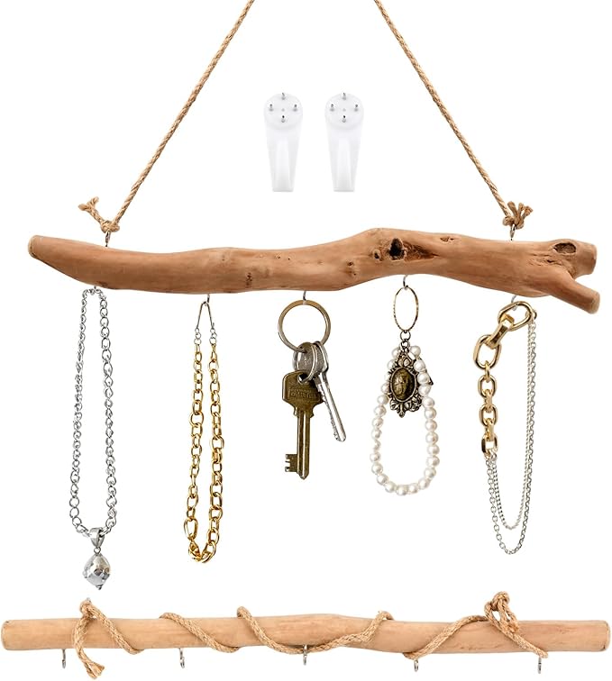 15Inch Driftwood Wall Hanging Jewelry Organizer - 2pcs Rustic Wood Tree-Shaped Wall Decor with 4/5 Hooks for Rustic, Boho & Farmhouse Home