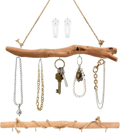 15Inch Driftwood Wall Hanging Jewelry Organizer - 2pcs Rustic Wood Tree-Shaped Wall Decor with 4/5 Hooks for Rustic, Boho & Farmhouse Home