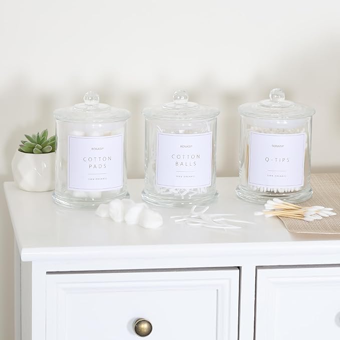 Ronasip 3 Pack Qtip Holder Dispenser, 16oz Bathroom Organizer and Storage Canisters, Glass Apothecary Jars with Lid - Home Decor, Room Decor Aesthetic(Transparent)