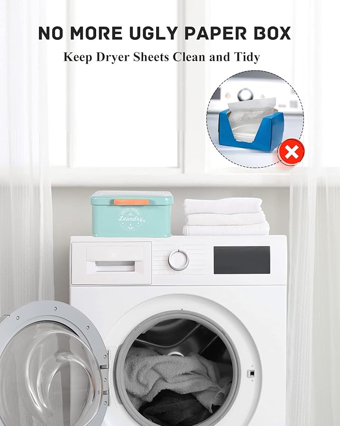 Dryer Sheet Holder Dispenser Container with Hinged Lid, Metal Modern Laundry Dryer Sheet Dispenser for Laundry Room Decor, Fabric Softener Dispenser,Green