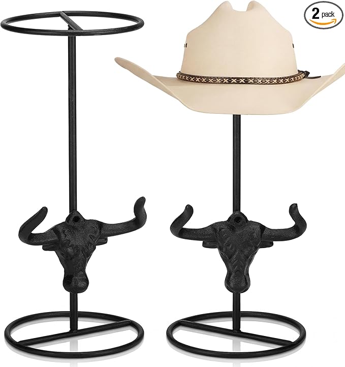 Chunful 2 Pcs Cowboy Hat Stand Display Father Day Bulk Gifts Western Metal Longhorn Hook Rack Vintage Rustic Hat Holder Rack Organizer for Display Tabletop Desk Organization Father Cowboy Western Gift