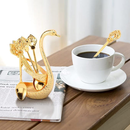 Coffee Spoon Set With Holder, Swan Spoon & Fork Holder, Elegant and Charming Decorative Spoons Organizer Serving Kit, Durable Spoons Coffee Station Storage Organizer(COLOR:Gold)