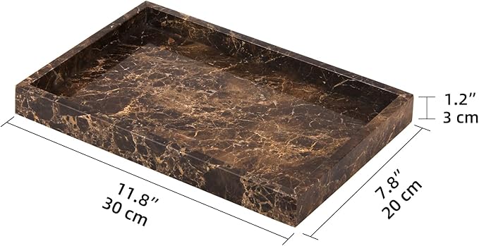 Marble Bathroom Vanity Tray, Natural Luxury Vanity Home Kitchen Bathroom Table Tray, Stone Decorative Countertop Dresser Trays for Key Coffee Perfume Jewelry Makeup (Dark Brown, 12"x 8" x1.2")