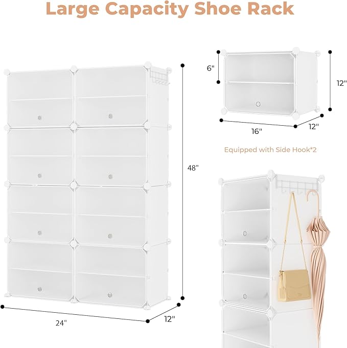 Shoe Rack 8 Tier Shoe Storage Cabinet with Door 32 Pair Tall Shoes Rack Organizer Free Standing Expandable Stable Plastic Easy Assembly Shoes Shelf for Closet Hallway Entryway Bedroom White
