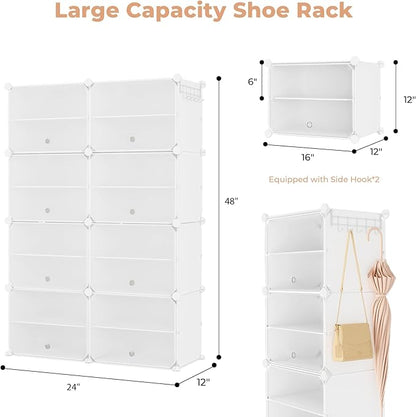 Shoe Rack 8 Tier Shoe Storage Cabinet with Door 32 Pair Tall Shoes Rack Organizer Free Standing Expandable Stable Plastic Easy Assembly Shoes Shelf for Closet Hallway Entryway Bedroom White