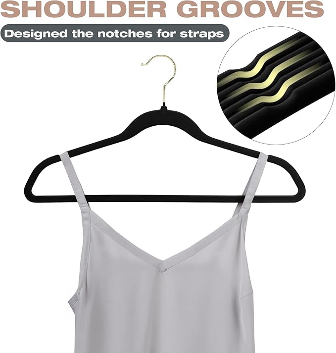 50 Pack Black Velvet Hangers,Coat Hanger Non Slip,Heavy-Duty,Space Saving,Slim Clothes Hangers for Pants,Outfit,Suits,Skirts,Coats,Dresses ect.Felt Hanger with Gold 360°Swivel Hook