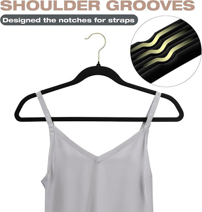 50 Pack Black Velvet Hangers,Coat Hanger Non Slip,Heavy-Duty,Space Saving,Slim Clothes Hangers for Pants,Outfit,Suits,Skirts,Coats,Dresses ect.Felt Hanger with Gold 360°Swivel Hook