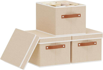 Fabric Storage Boxes with Lids, 10.2×7.8×6.7 Inch Clothes Bins for Shelves, Closet Organizers for Organizing with Handles, Beige, 3-Pack