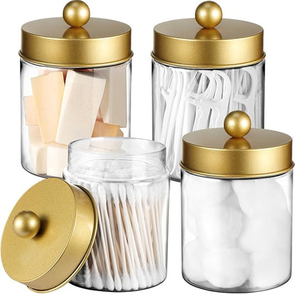 Amolliar Qtip Holder Dispenser - 8 oz Plastic Apothecary Jar Containers for Vanity Makeup Countertop Organizer Storage -Bathroom Canister Accessories Set for Cotton Swab, Ball, Pads, Floss-Gold (4)