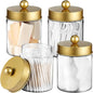 Amolliar Qtip Holder Dispenser - 8 oz Plastic Apothecary Jar Containers for Vanity Makeup Countertop Organizer Storage -Bathroom Canister Accessories Set for Cotton Swab, Ball, Pads, Floss-Gold (4)