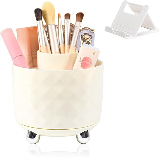 SAYEEC Pen Holder for Desk 6 Slots Rotating Makeup Brush Organizer Toothbrush Hair Brush Holder Versatile Desk Skin Care Cosmetic Organizer Pencil Cup Pot Art Supply Caddy for Vanity Office (Cream)