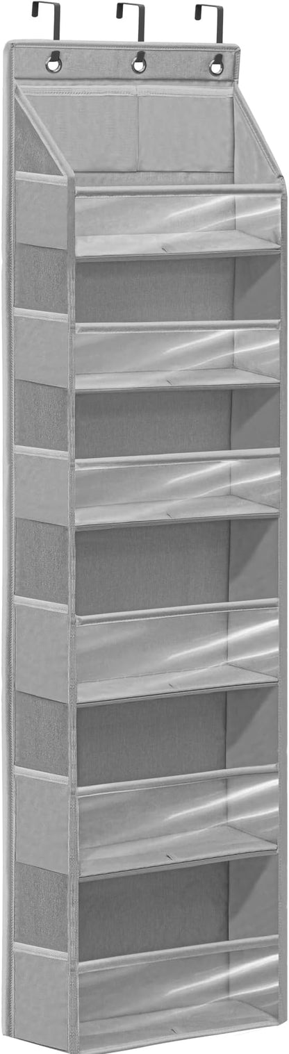 Over Door Organizer with 6 Extra Large Pockets and 12 Side Pockets, Large Capacity Hanging Storage Organizer with Clear Window for Shoes, Diapers, Grey, 6 Layers, 1-Pack