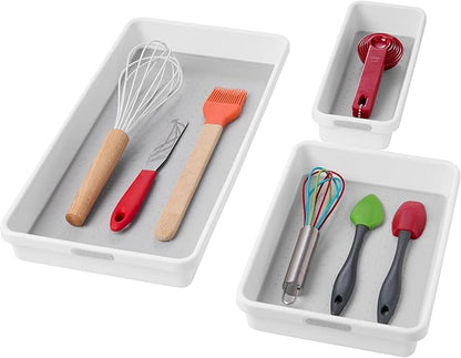 madesmart 3 Bin Drawer Organizer Set, Multi Purpose Storage for Utensils, Office & Bathroom, Organizer for Cutlery, Peeling Tools, Spatulas, Soft Grip Lining, Durable & Easy to Clean, White