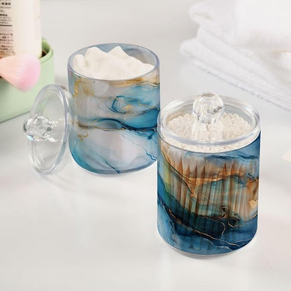 2 Pack Qtip Holder Dispenser for Cotton Ball Gold Marble Blue Fluid Marble Swab Round Pads Clear Plastic Acrylic Jar Set Bathroom Canister