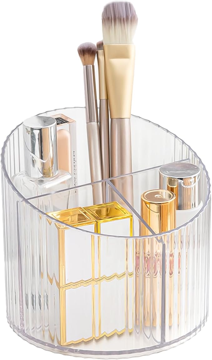 DASITON 3 Slots Makeup Brush Holder, Acrylic Makeup Brush Cup, Vintage Striped Make Up Brush Holder for Vanity Decor, Bathroom Countertops, Desk Storage Container, Cosmetic Display Cases (Clear)
