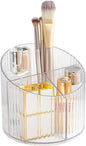 DASITON 3 Slots Makeup Brush Holder, Acrylic Makeup Brush Cup, Vintage Striped Make Up Brush Holder for Vanity Decor, Bathroom Countertops, Desk Storage Container, Cosmetic Display Cases (Clear)
