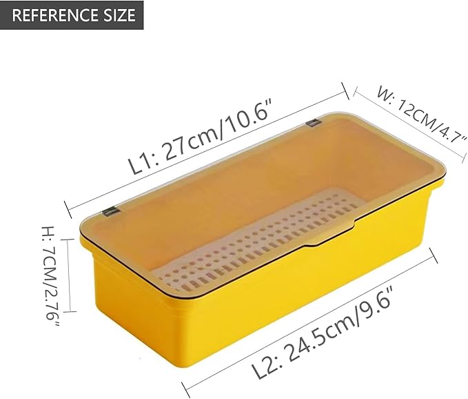 Flatware Tray with Lid and Drainer,Silverware Tray Kitchen Dinnerware Holder and Utensil Storage Container for Flatware and Silverware(Yellow)