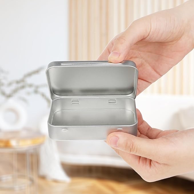 Metal Tins with Lids, Rectangular Small Metal Box with Lid Hinged Tin Box Container with Lid Portable Small Silver Storage Tin Case with Hinged Lids for Home Storage Organizer