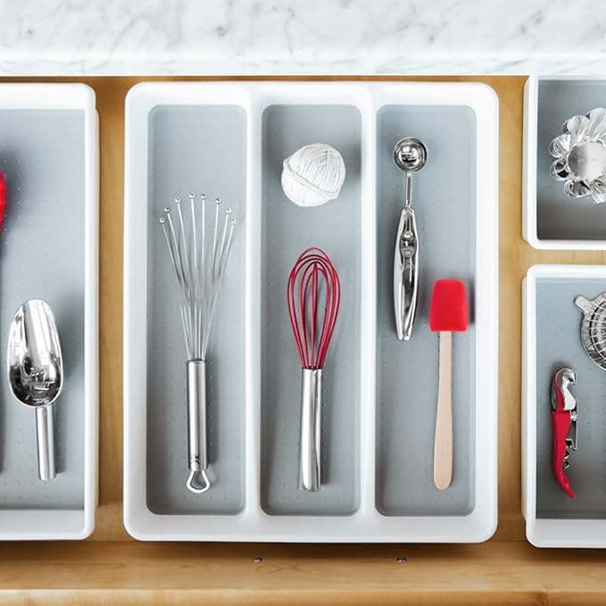 madesmart 3 Compartment Premium Utensil Tray, Multi Purpose Storage Organizer, Non Slip Lining, Deep Storage for Ladles, Whisks & Serving Tools, for Drawers & Home Organization, White