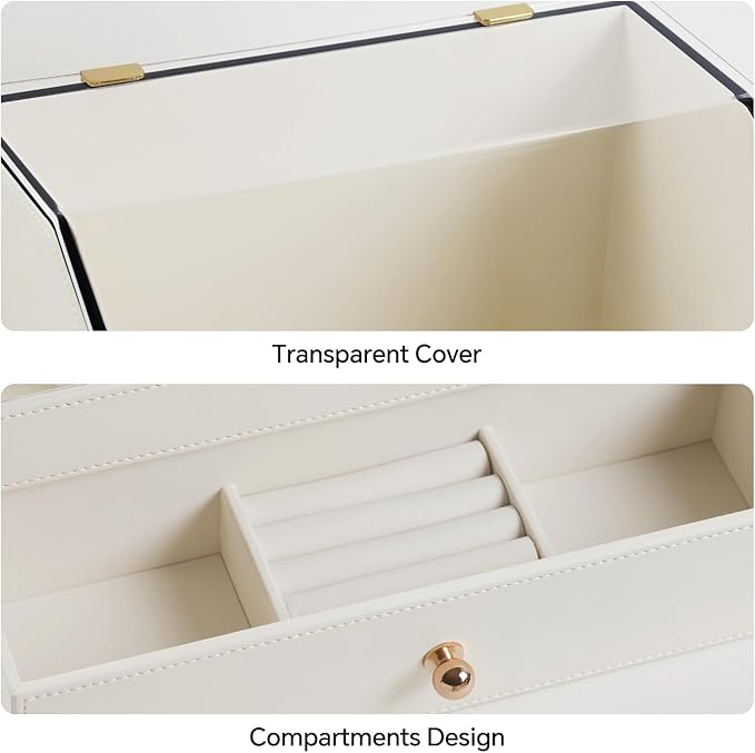 Leather Makeup Organizer & Skincare Storage Rack - Cosmetic Display Case with Dustproof Transparent Cover, Drawer Jewelry Storage, for Bedroom Vanity, Perfume & Lipstick Organizer - White