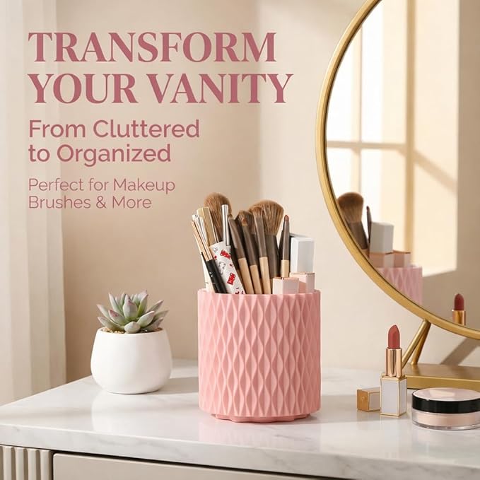 Makeup Brush Holder Organizer, 360° Rotating 5-Slot Make up Brushes Cup for Cosmetic, Lipstick, Hair Brush Holder - Spinning Vanity Countertop Caddy for Bathroom, Dorm & Office, Pink