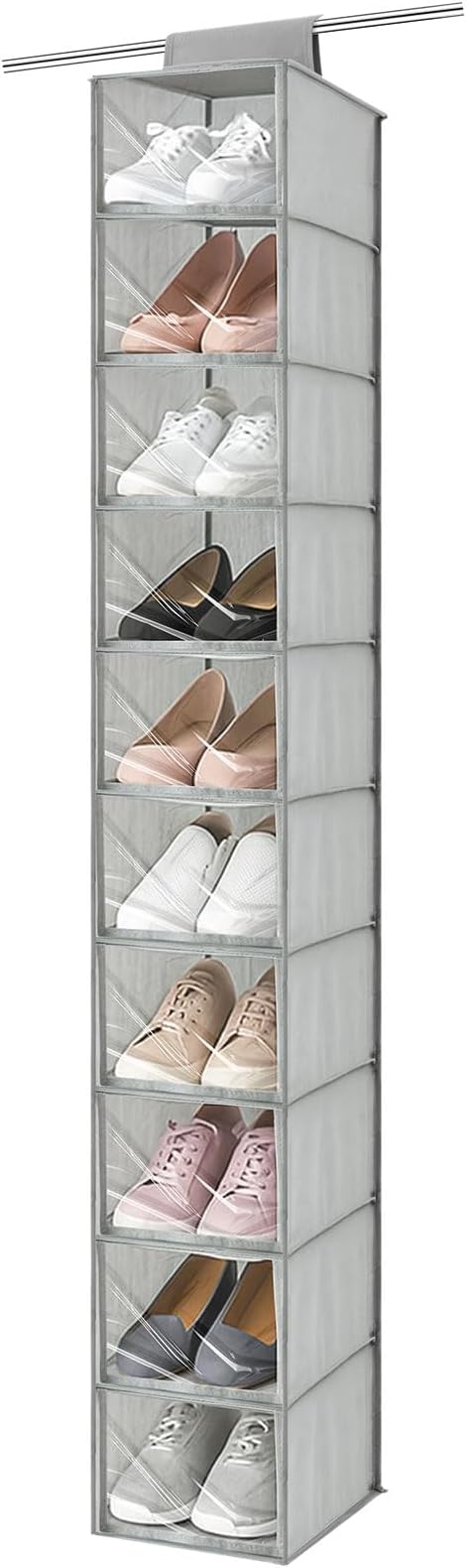 Sadnyy 10-Shelf Hanging Closet Shelf Shoe Organizer with Dust Cover Hanging Closet Organizer Dorm Essentials for Girls Boys Clothes Storage for Hats and Handbags, 10 kg Load Capacity(Gray)